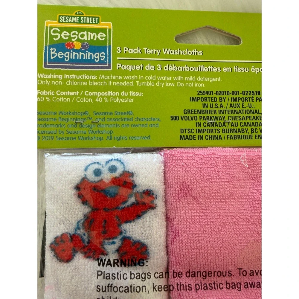 Sesame Street Sesame Beginnings Baby Terry Washcloths 3 Pack Elmo Pink SB91578